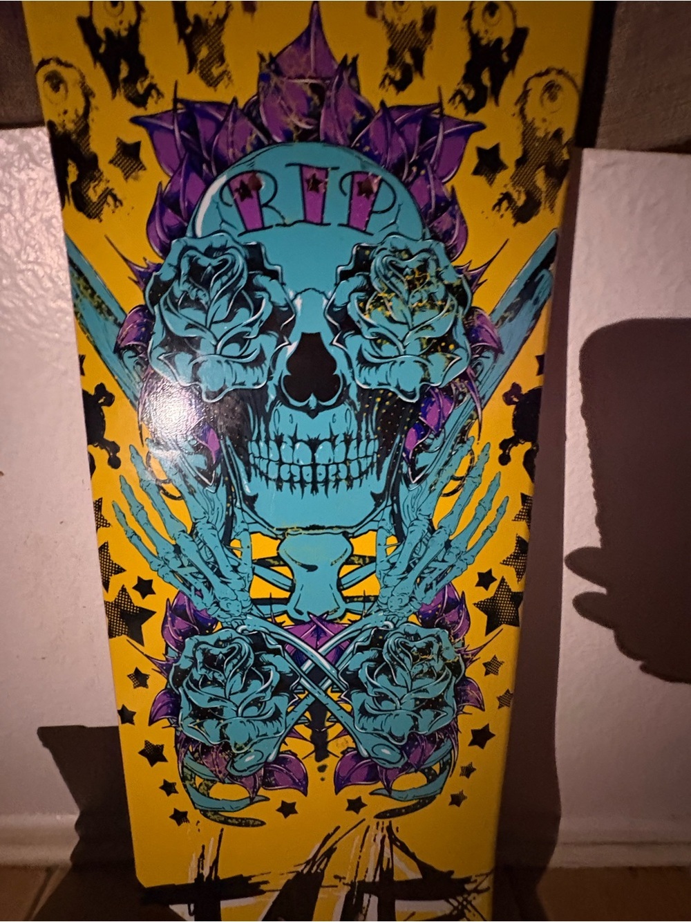 Skull & Roses Skateboard in Turquoise and Yellow